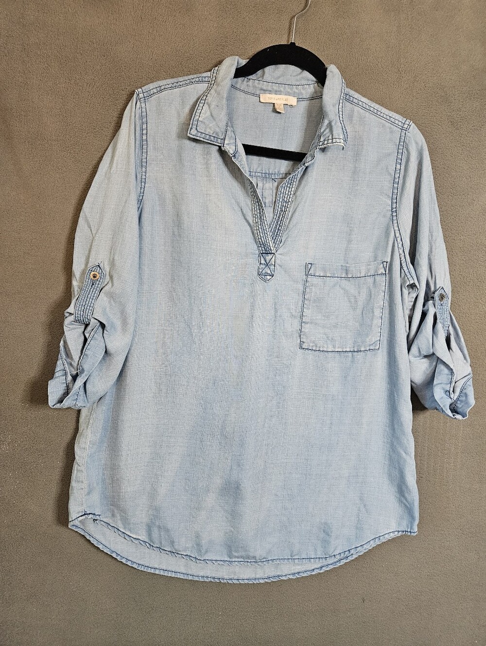 Skies Are Blue Womens Large Denim Shirt Vneck Roll-Tab Sleeve Tunic Cowgirl Boho